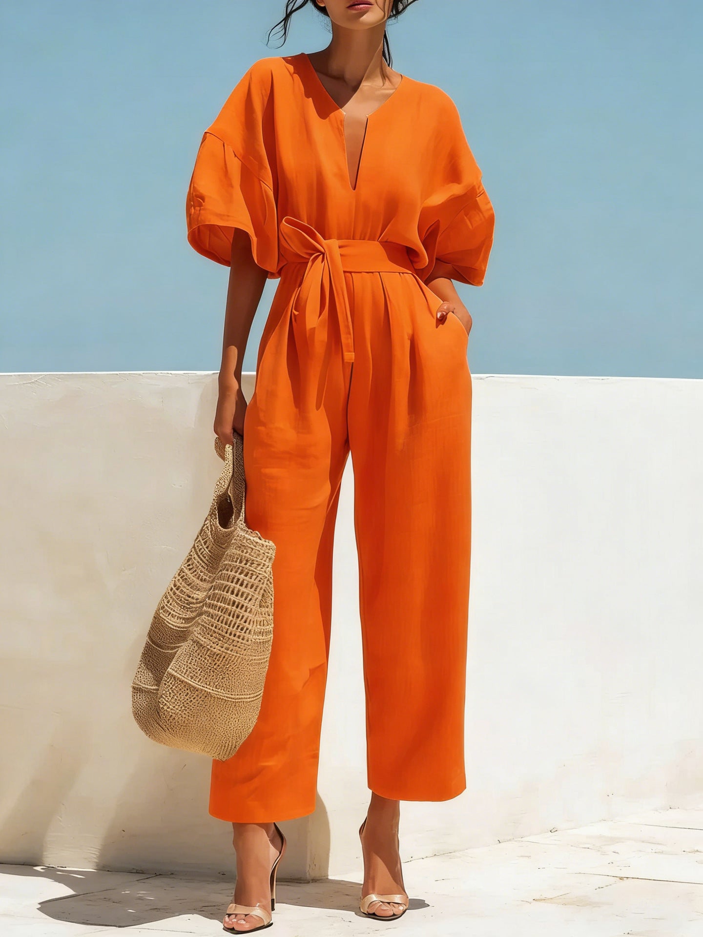 Orange red cotton linen wide-leg jumpsuit