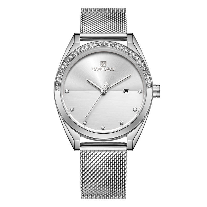 Naviforce compact sized women's silver color wrist watch with subtle zirkonia accents  and mesh steel bracelet