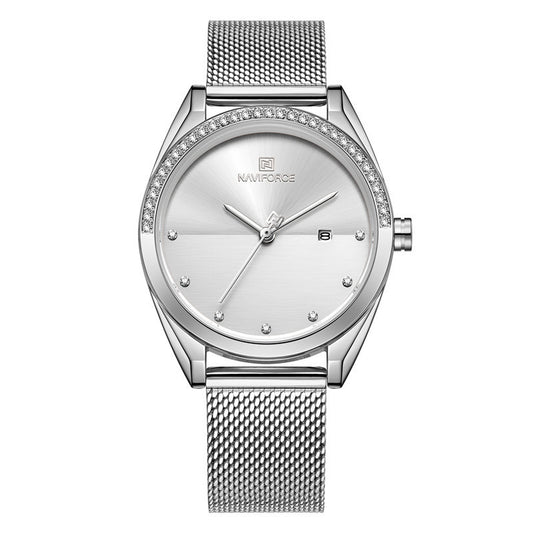 Naviforce compact sized women's silver color wrist watch with subtle zirkonia accents  and mesh steel bracelet