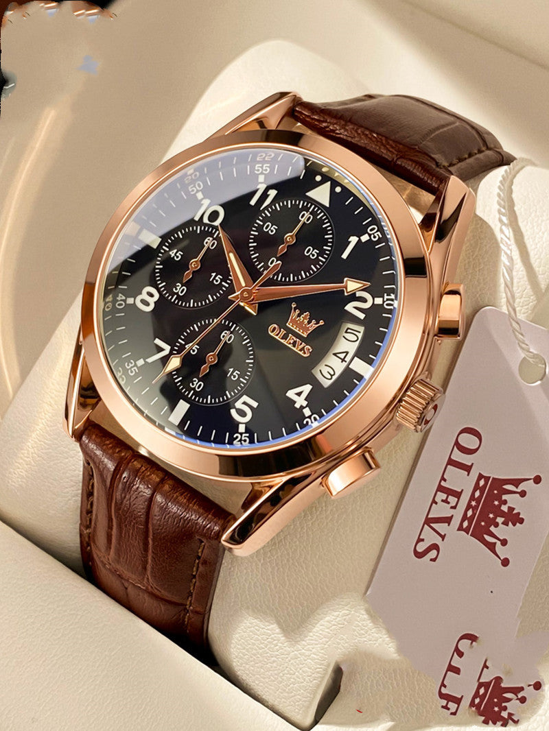 Men's Olevs rose gold chronograph  with brown leather strap and black face