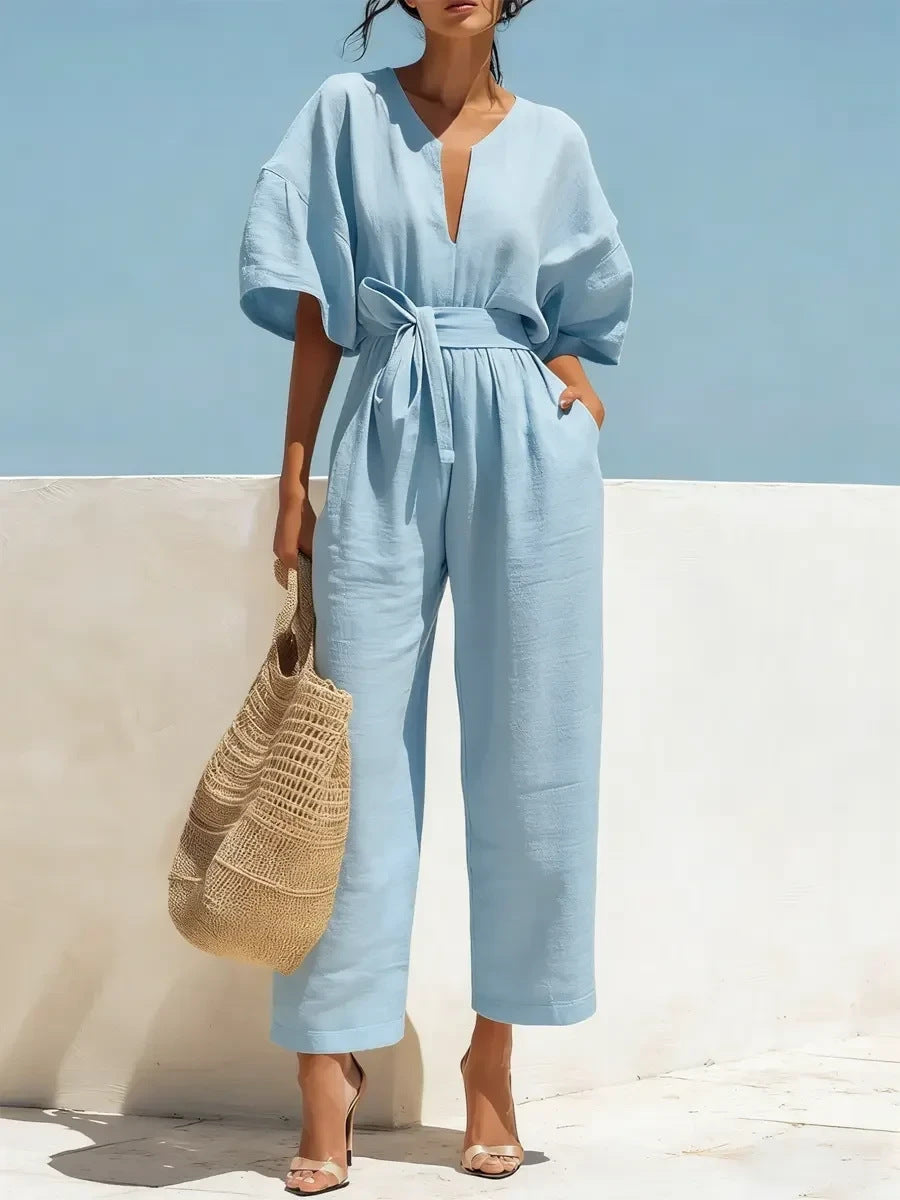 Sky blue loose fit cotton linen jumpsuit