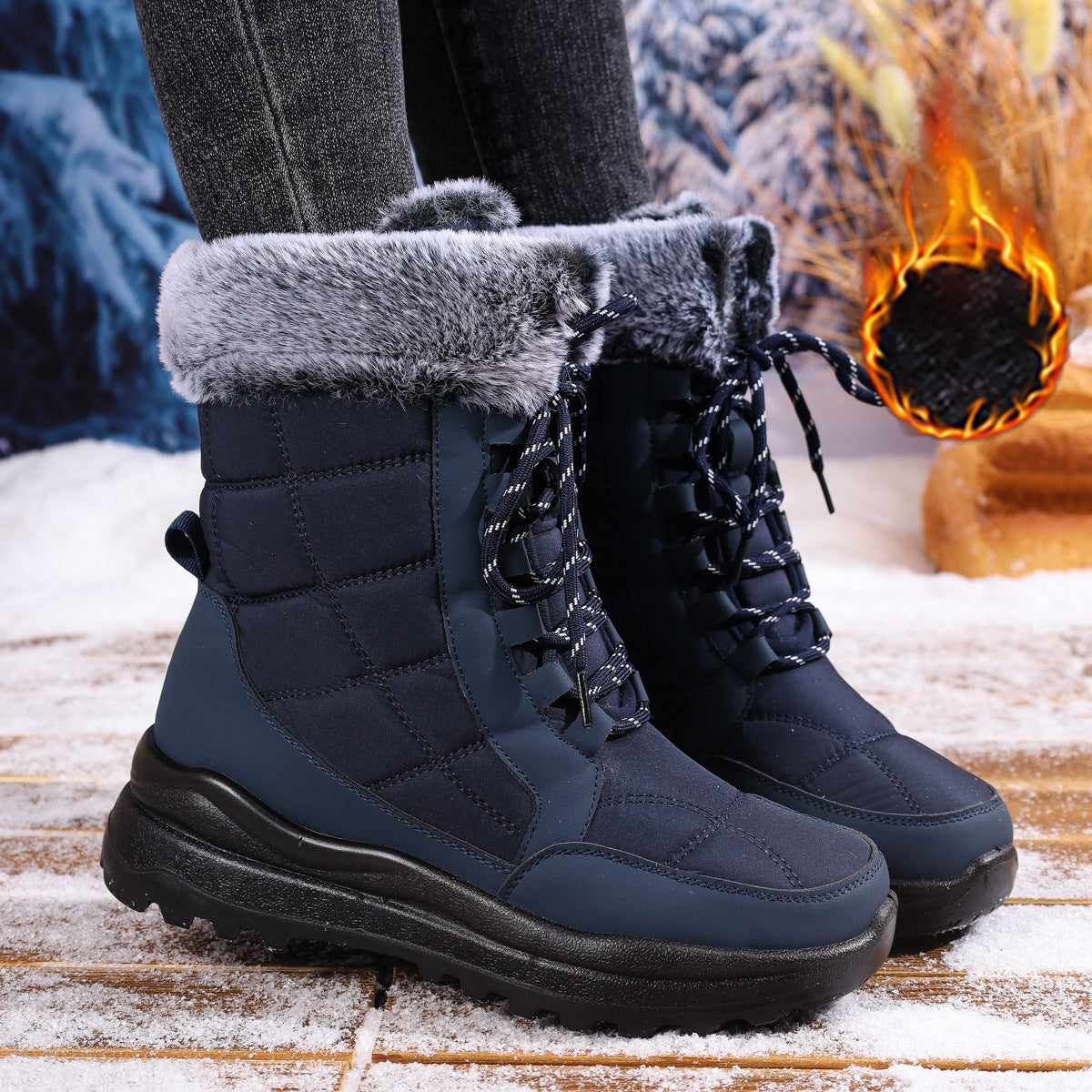 Blue waterproof snow boots with thick rubber sole