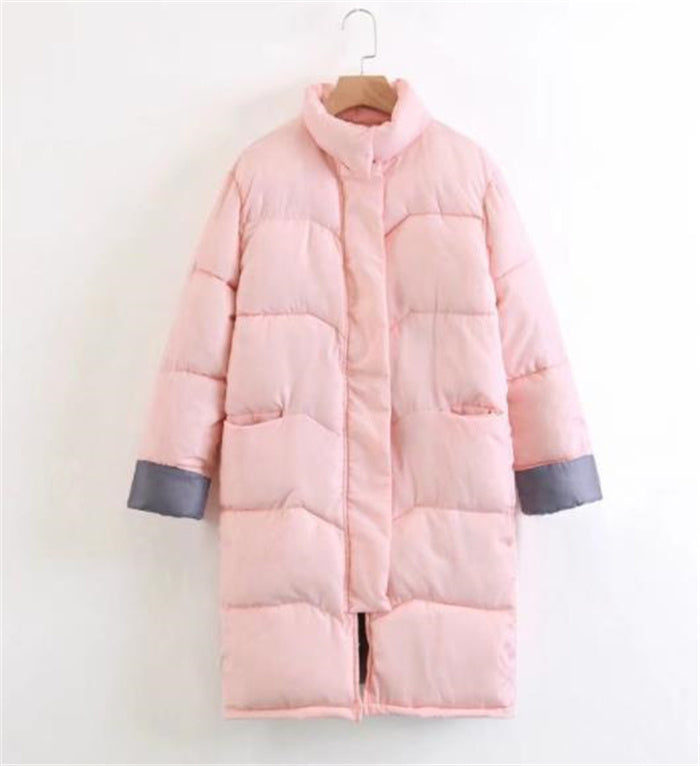 Pink stand-up collar winter puffer coat with gray cuffs