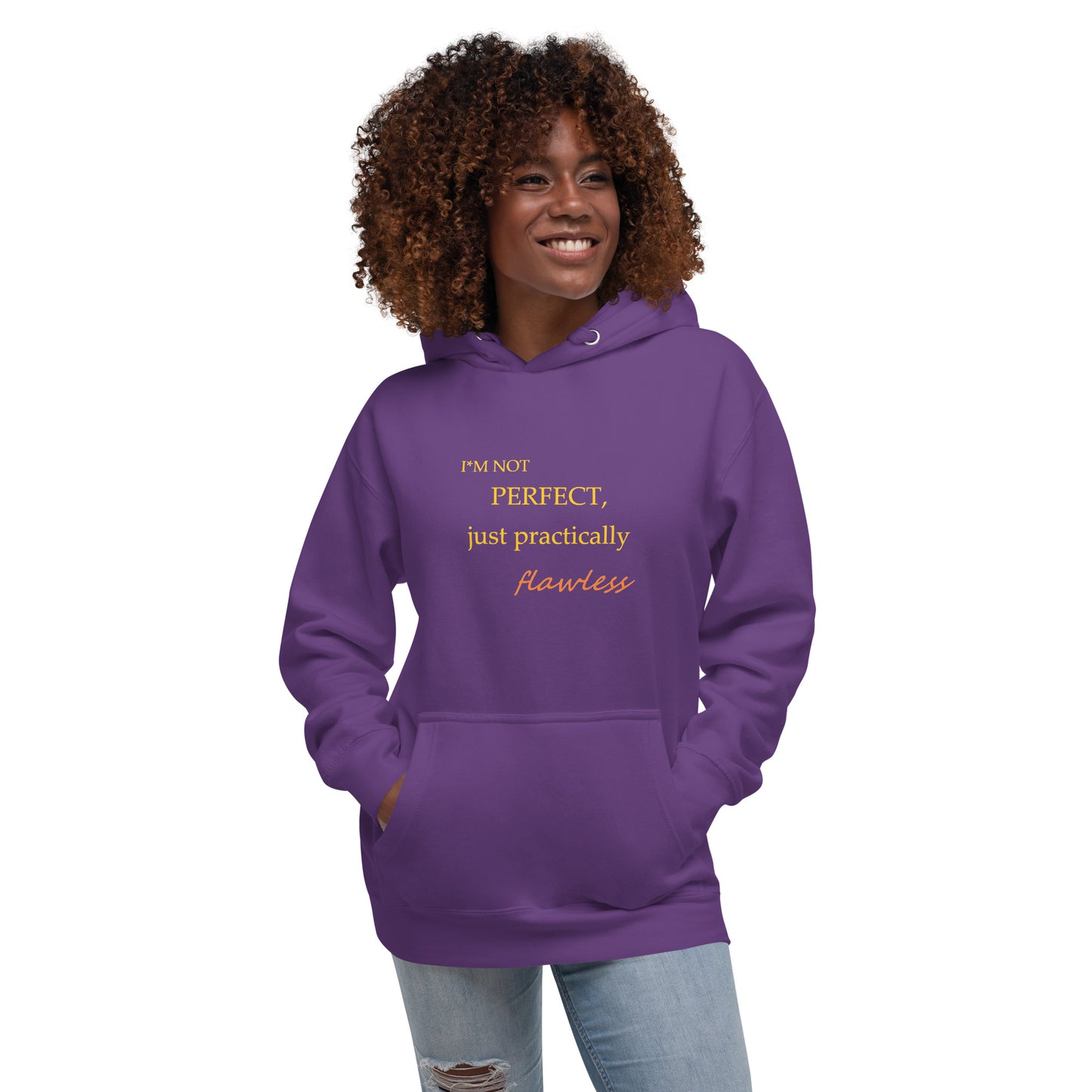 Model wearing a purple unisex hoodie with "I'm not perfect, just practically flawless" design, hands in pocket, smiling.