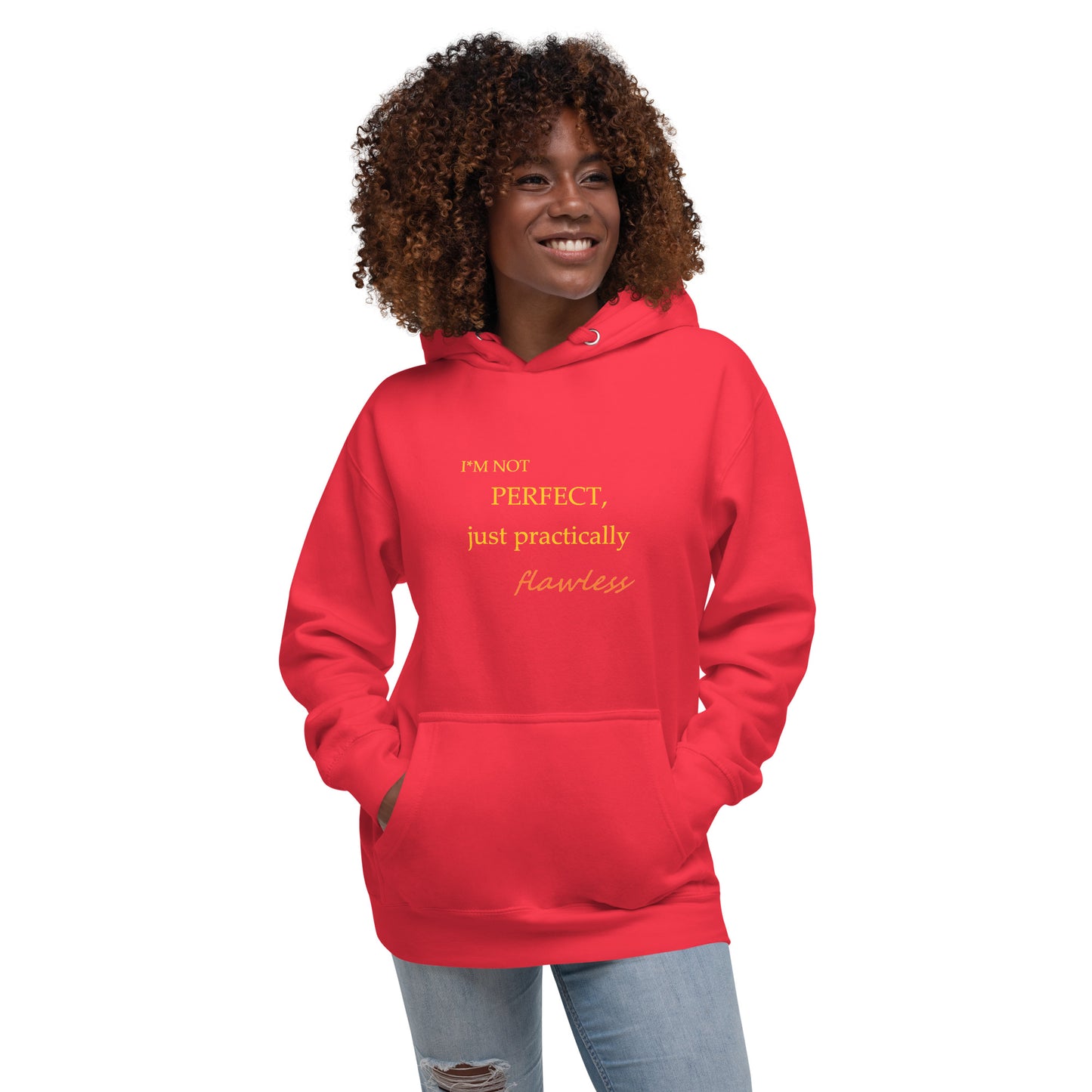 Model wearing a red unisex hoodie with "I'm not perfect, just practically flawless" design, hands in pocket, smiling.
