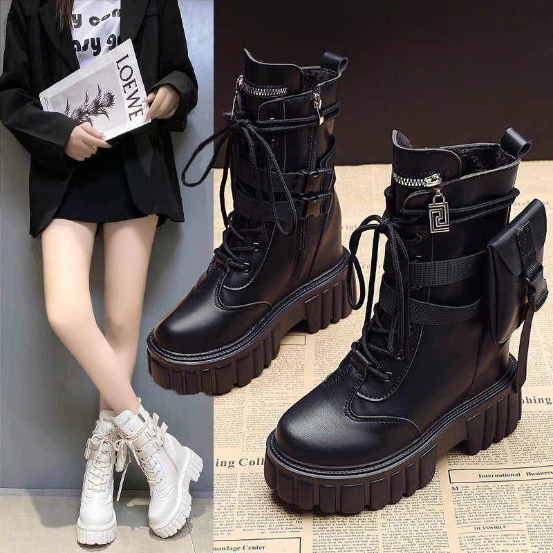 Black and white PU leather platform Martin boots with side zipper and high sole