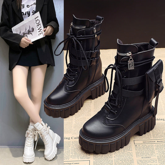 Black and white PU leather platform Martin boots with side zipper and high sole