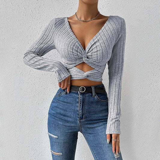 Grey ribbed long sleeve crop top with twisted front