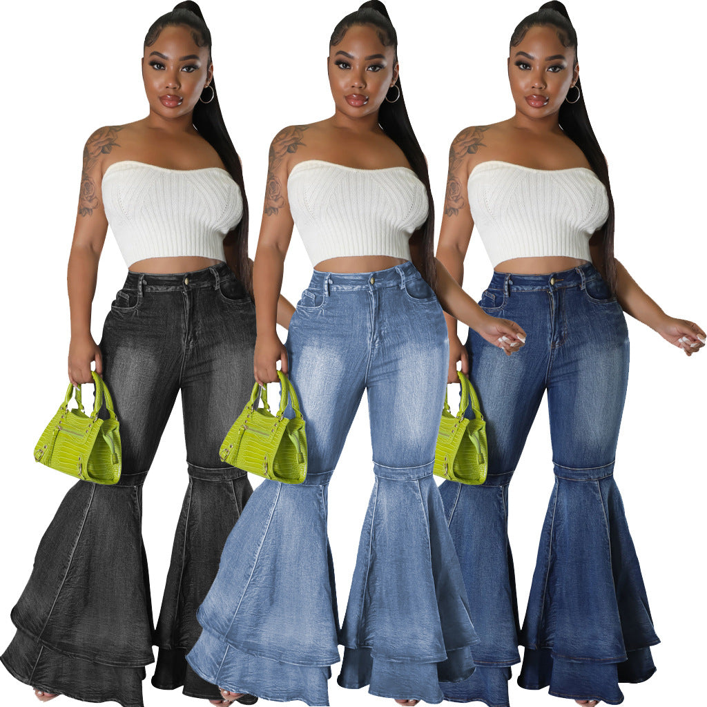 Wide leg high-waist flared jeans in black, blue, and light blue.