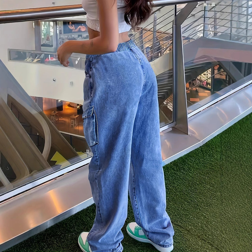 Back view of blue retro jeans with loose fit