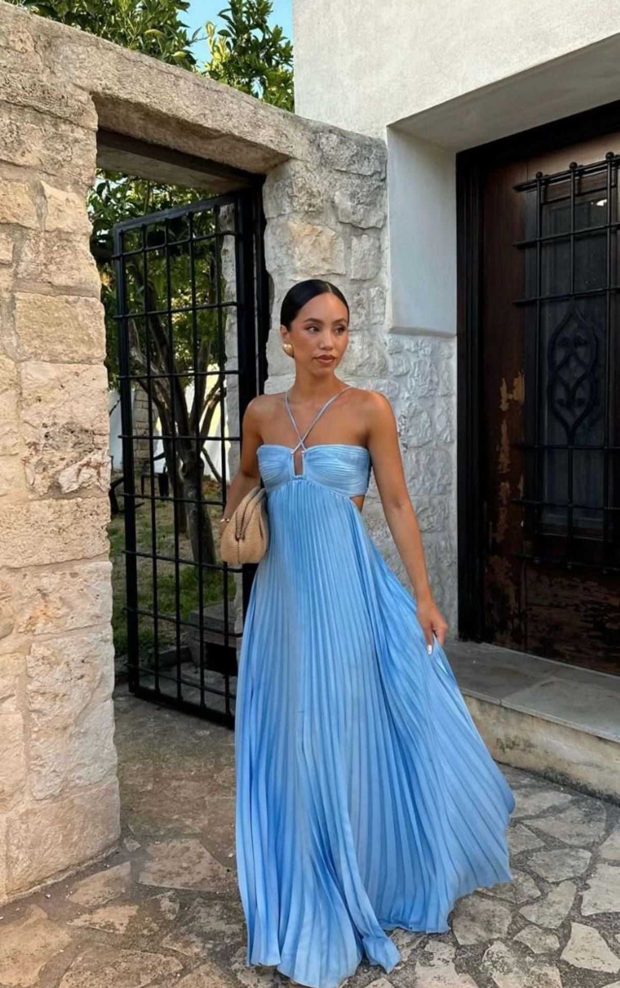 Women’s long light blue tube-top pleated maxi dress with high waist and elegant open-back design