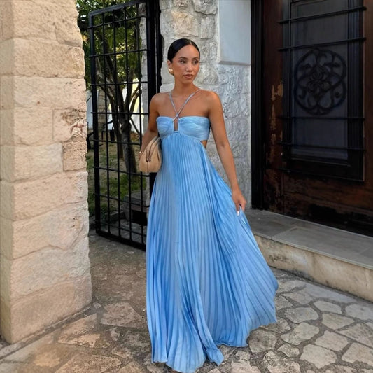 Blue pleated tube-top maxi dress with wide swing skirt