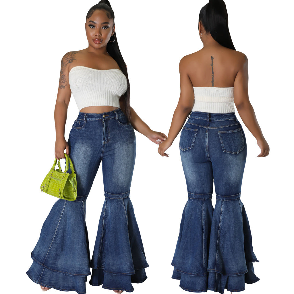  High-waist wide leg flared jeans, blue denim, front and back view.