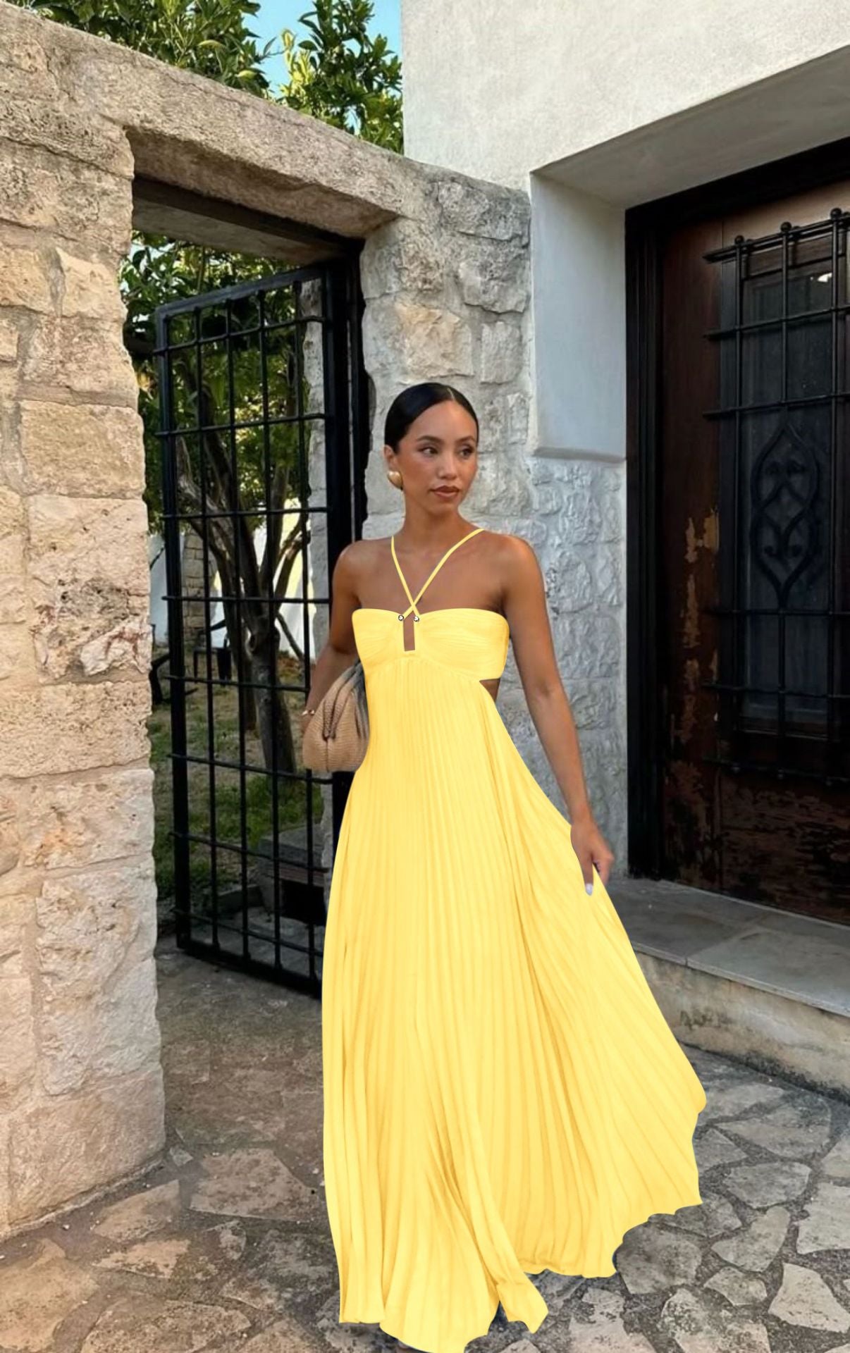 Women’s long yellow tube-top pleated maxi dress with high waist and subtle open-back detail
