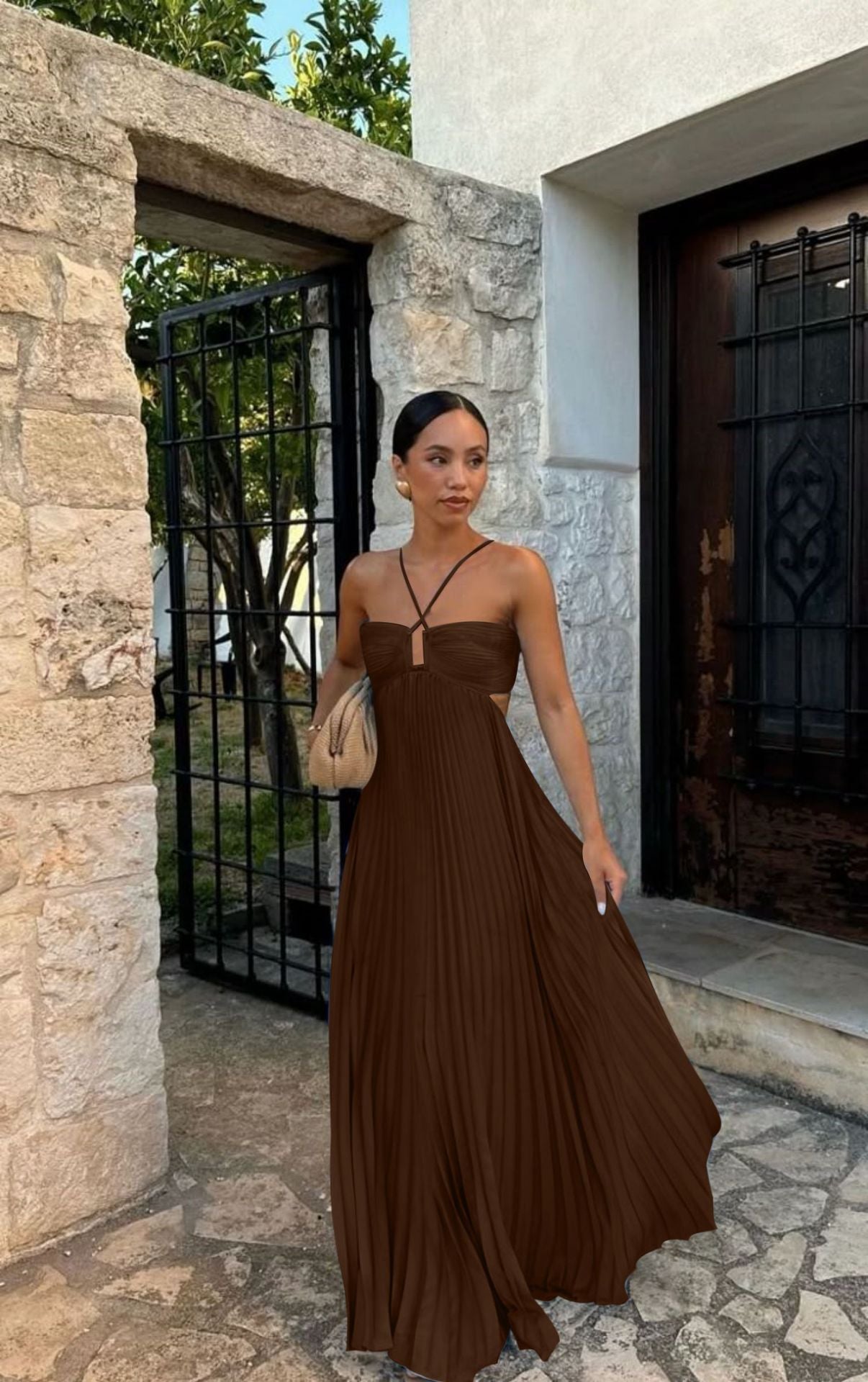 Women’s long brown tube-top pleated maxi dress with high waist and subtle open-back detail 