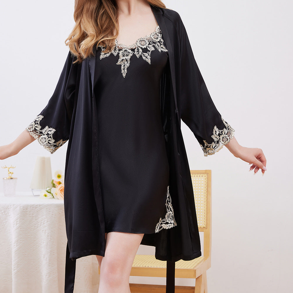 Black silk slip dress with matching lace-trimmed robe