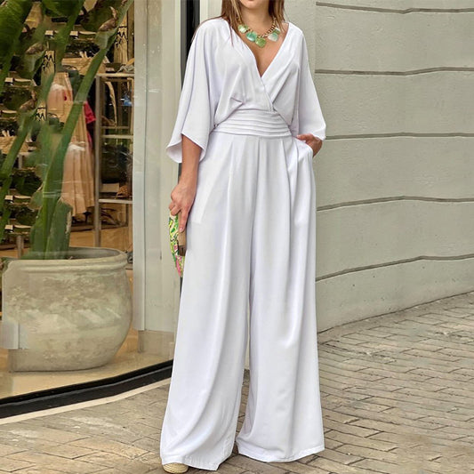 white backless jumpsuit women, elegant loose fit.