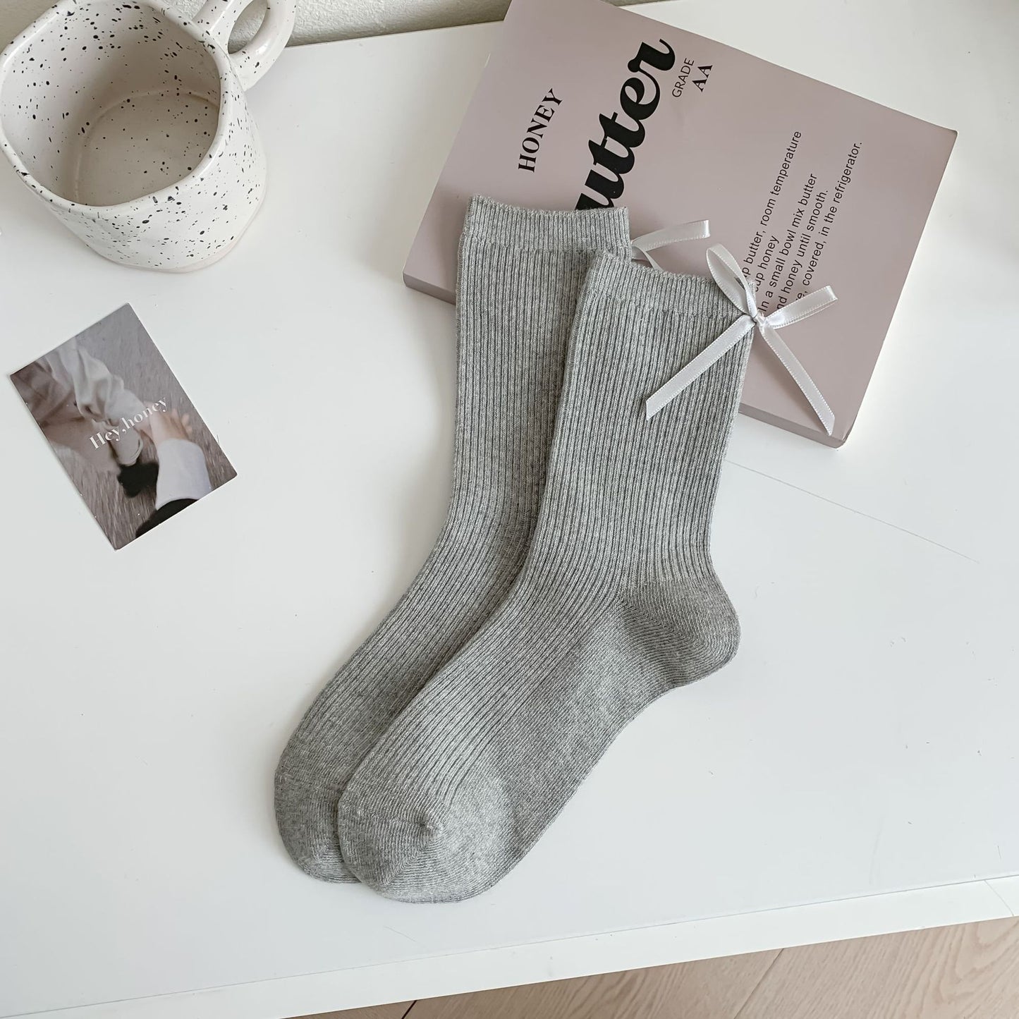 Ribbed Cotton Socks with Bow Detail