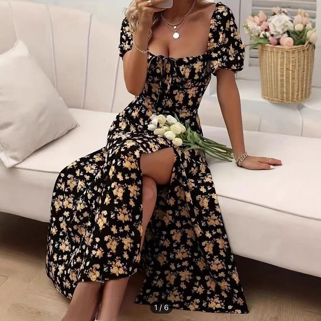 Elegant long floral dress with side slit