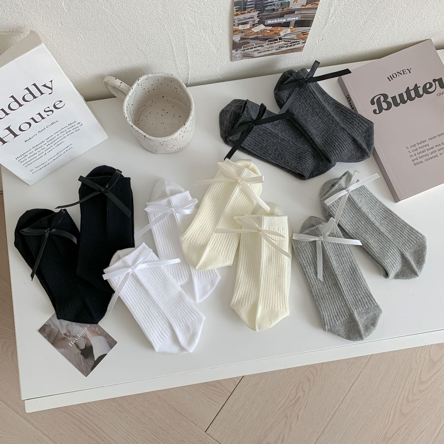 Ribbed Cotton Socks with Bow Detail