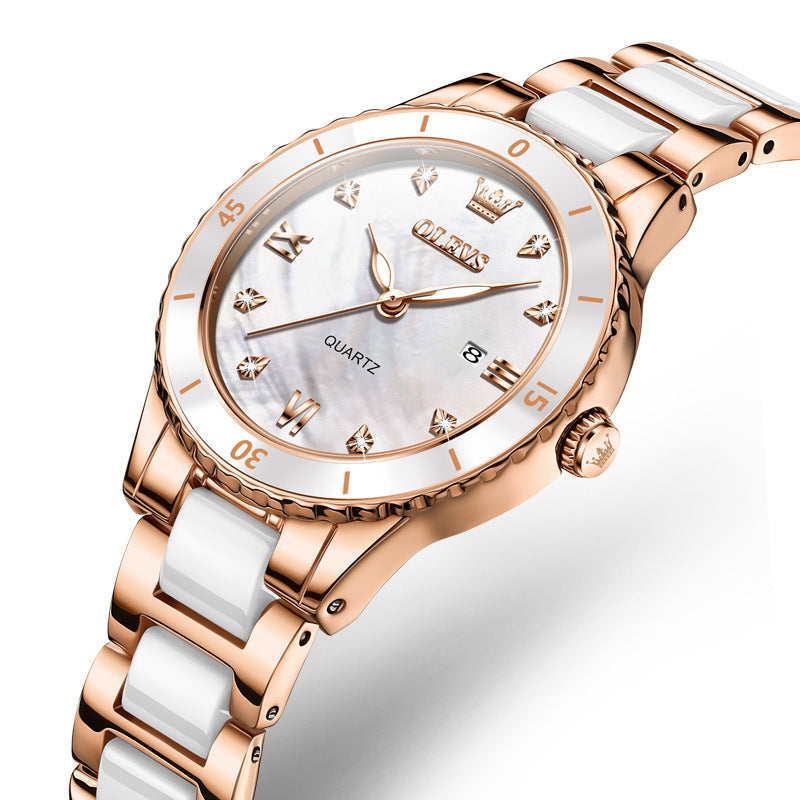 Rose gold and pearl white women's ceramic watch – angled close-up showcasing glossy finish
