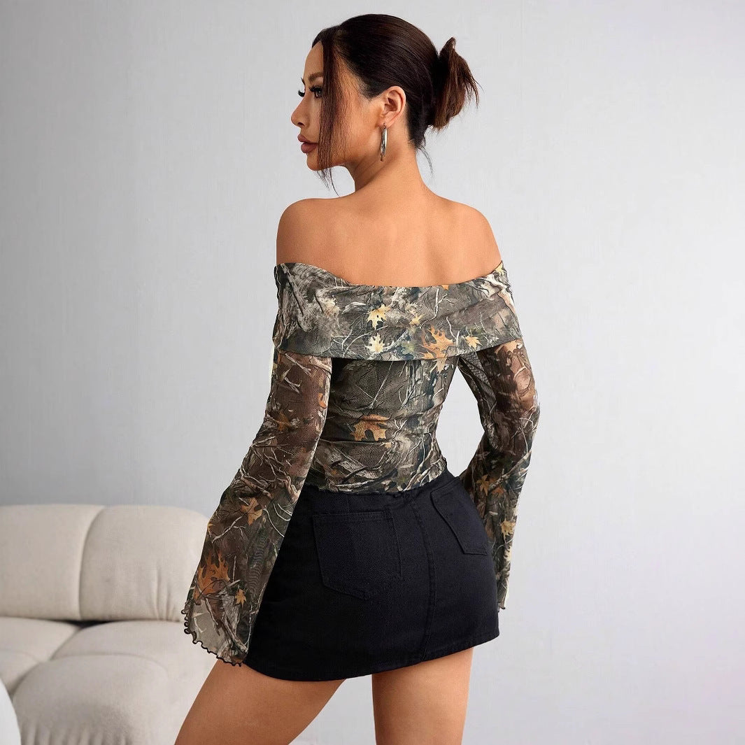 Olive off-shoulder mesh top paired with black skirt – back view