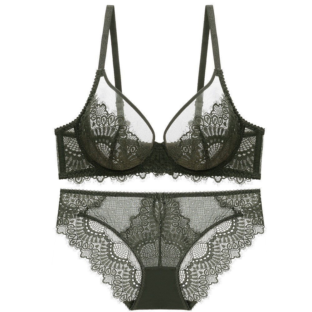 Dark green lace bra and bottom set with fine mesh details