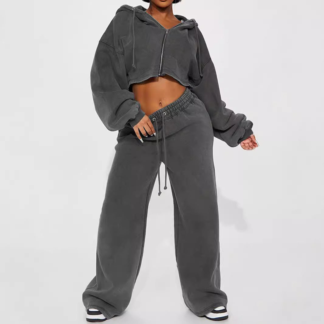 Zip-Up Hoodie & Wide-Leg Sweatpants Set