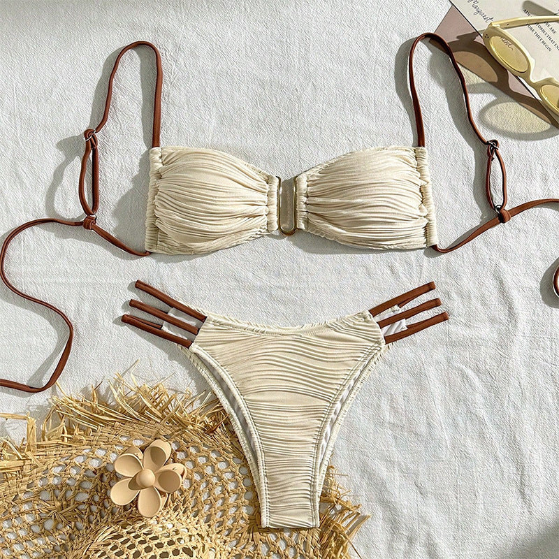 Textured Bandeau Bikini Set with Metal Detail