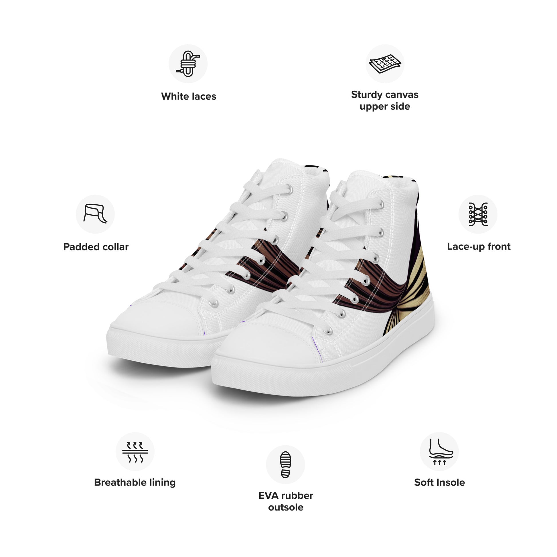 White Aylure Eirith high top sneakers with graphic feather detail, surrounded by icons showing key shoe features