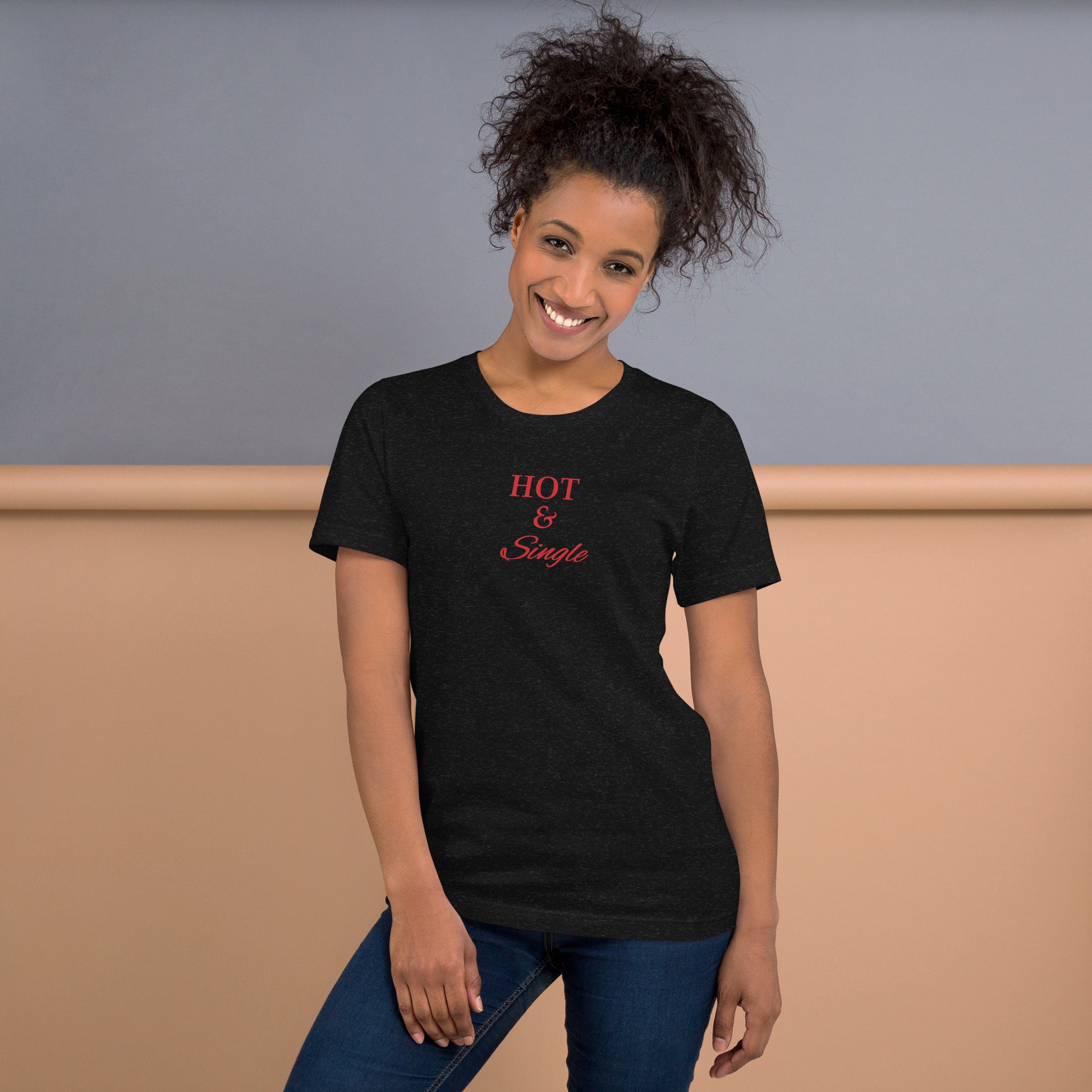 Woman smiling in black Aylure “Hot & Single” graphic tee