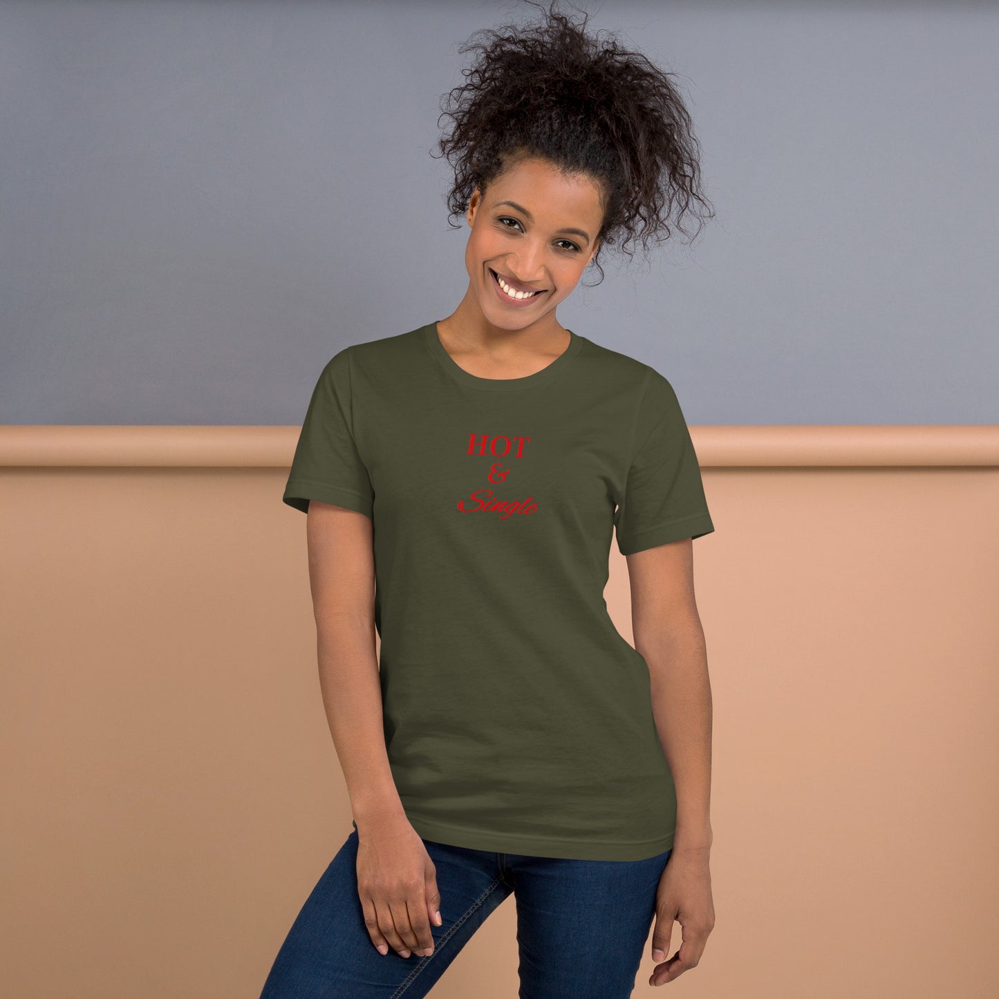 Woman smiling in army green Aylure “Hot & Single” graphic tee