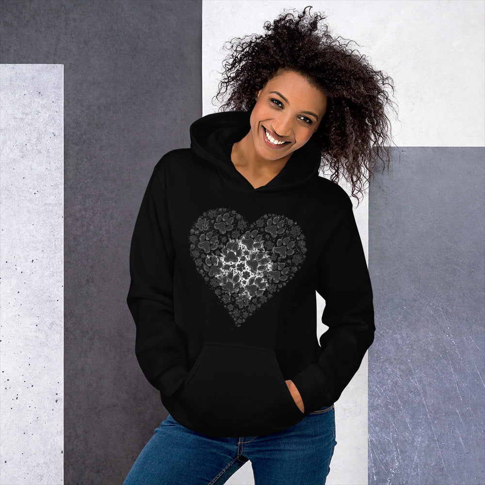 Woman wearing a black Aylure Love Paw hoodie with a heart-shaped paw print on the chest.