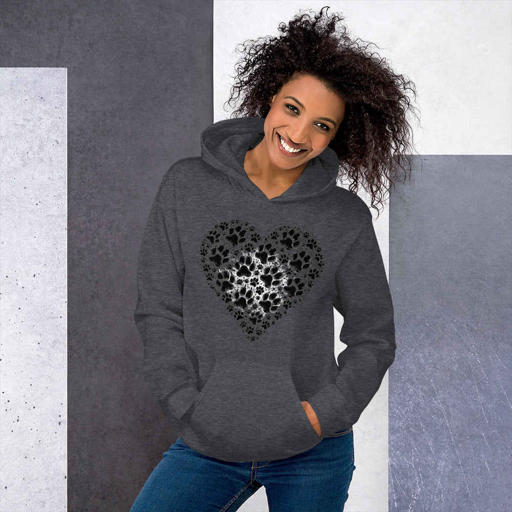 Woman wearing a dark grey Aylure Love Paw hoodie with a heart-shaped paw print on the chest.