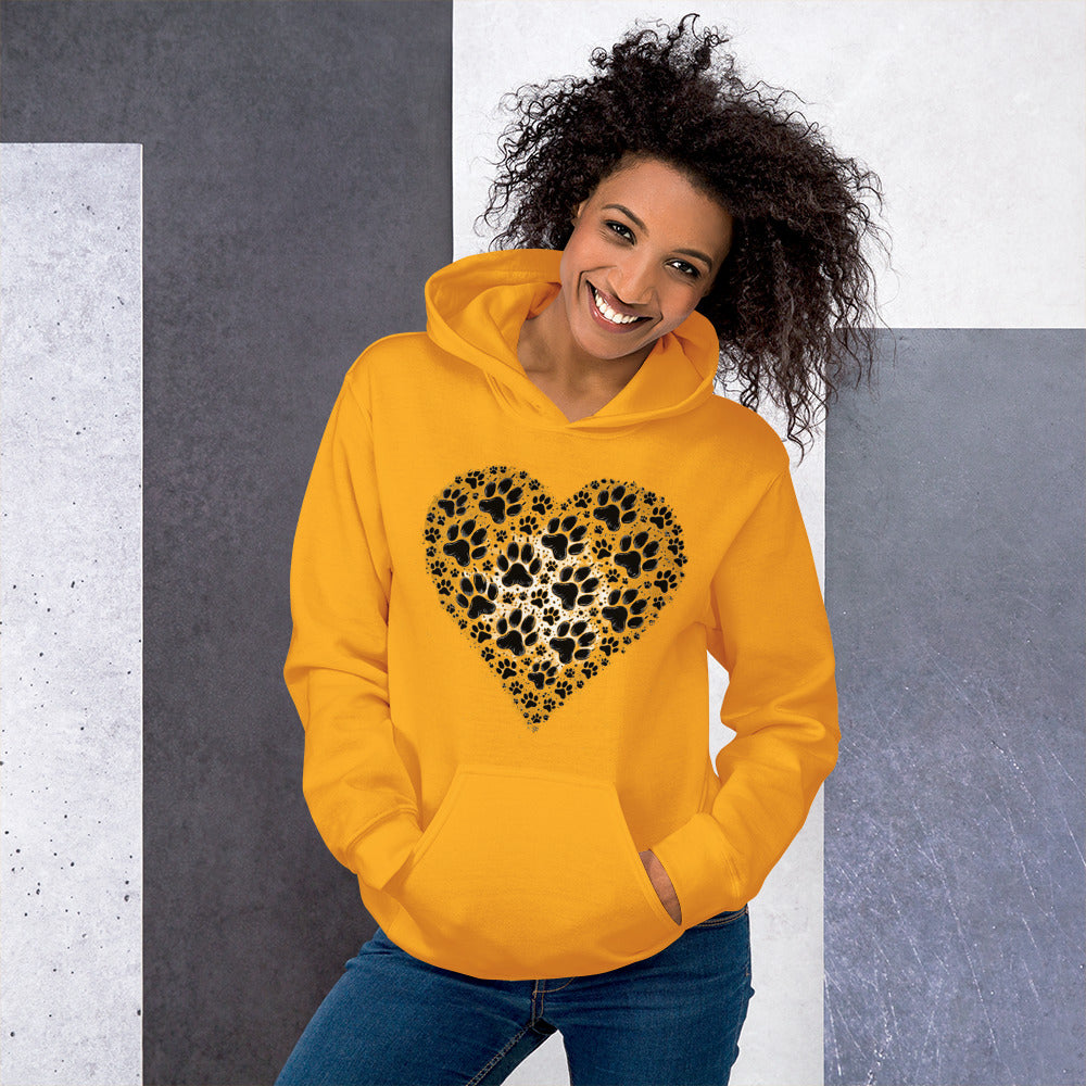 Woman wearing a gold Aylure Love Paw hoodie with a heart-shaped paw print on the chest.