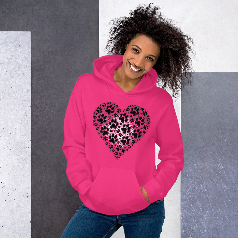 Woman wearing an aniline red Aylure Love Paw hoodie with a heart-shaped paw print on the chest.
