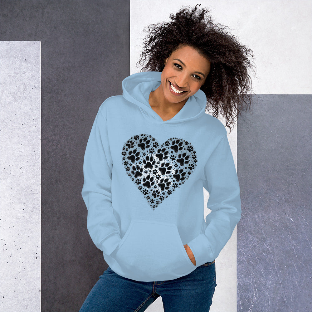 Woman wearing a light blue Aylure Love Paw hoodie with a heart-shaped paw print on the chest.