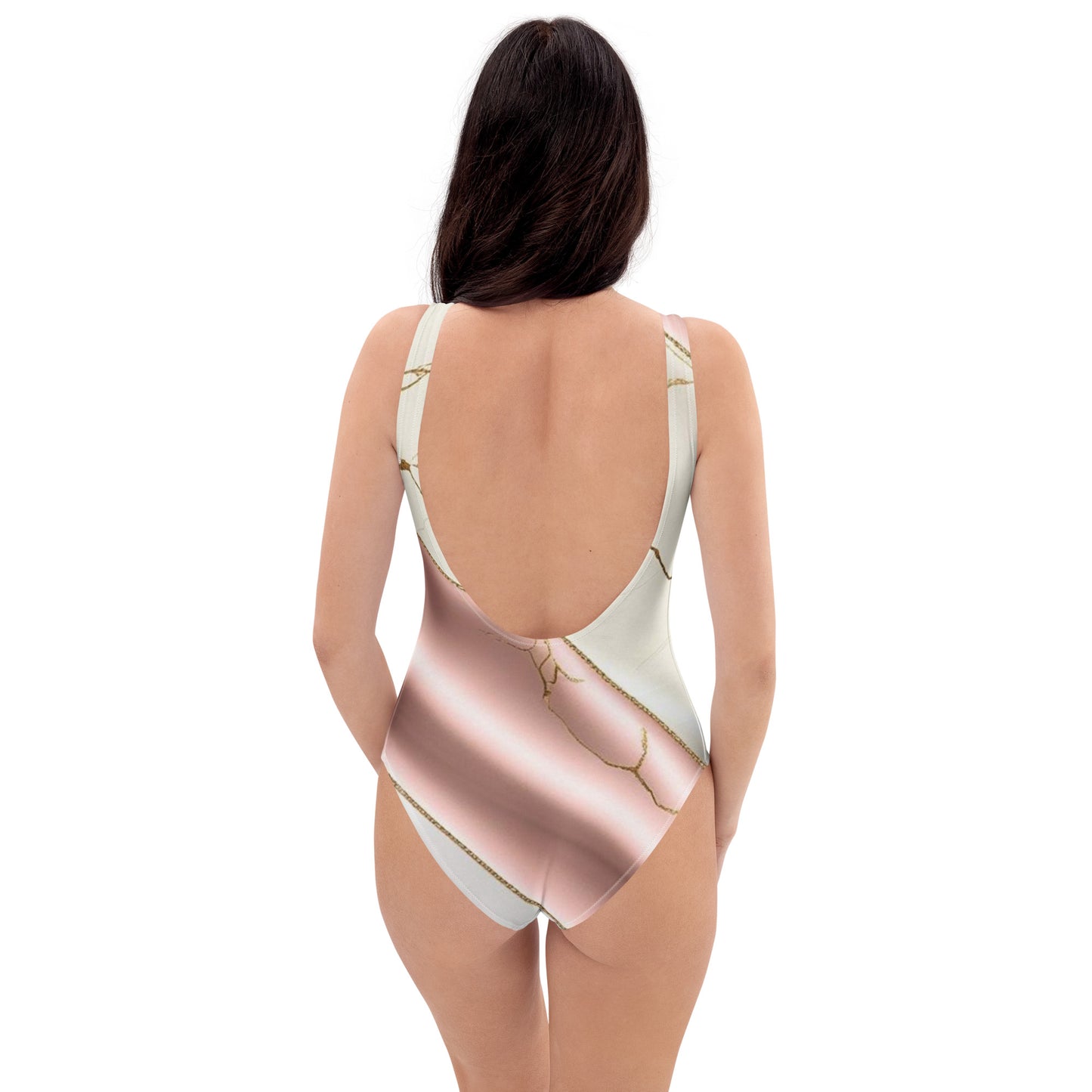 Back view of Aylure Marble Luxe swimsuit with low scoop design and seamless fit.