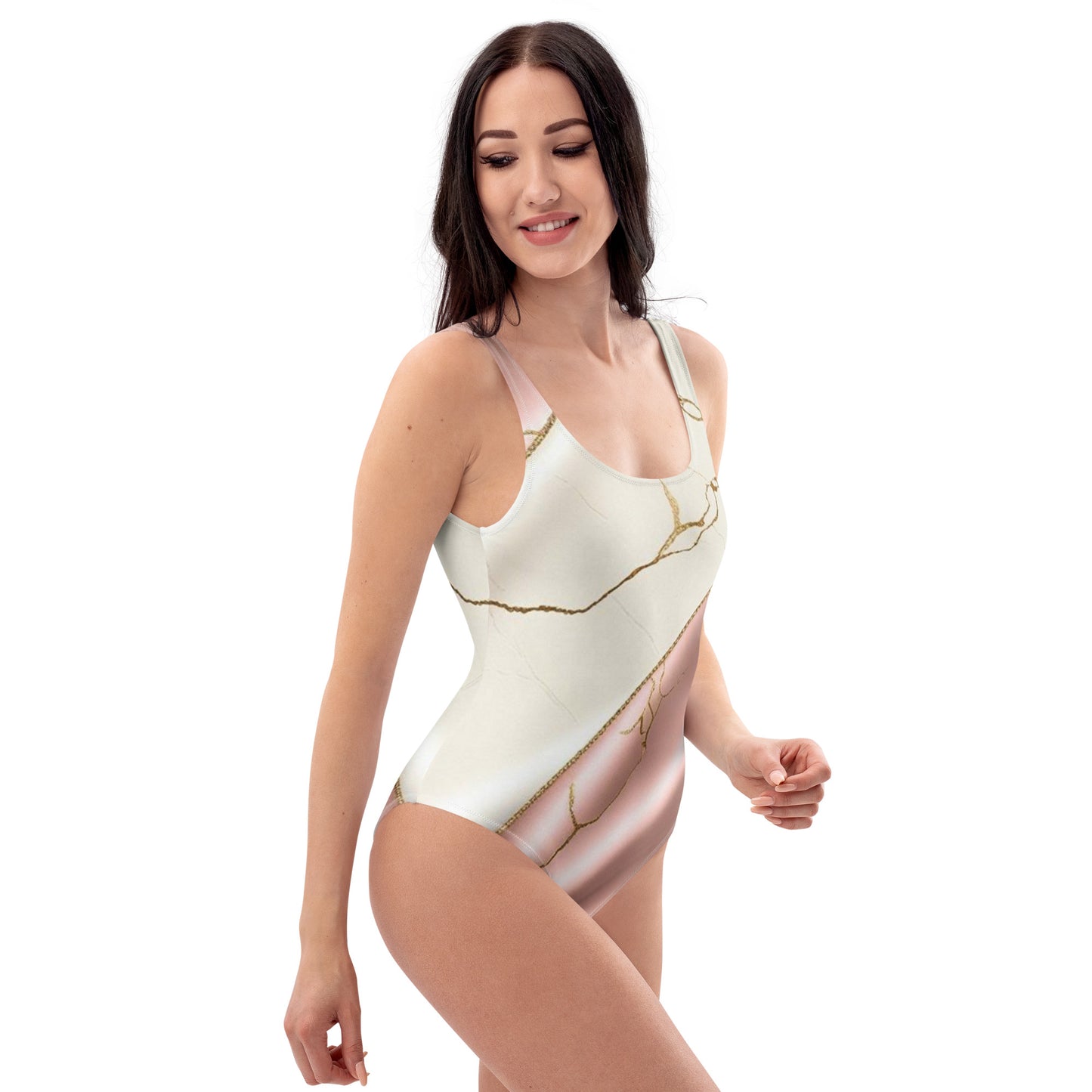 Side view of Aylure Marble Luxe swimsuit showing scoop neckline and form-hugging fit.