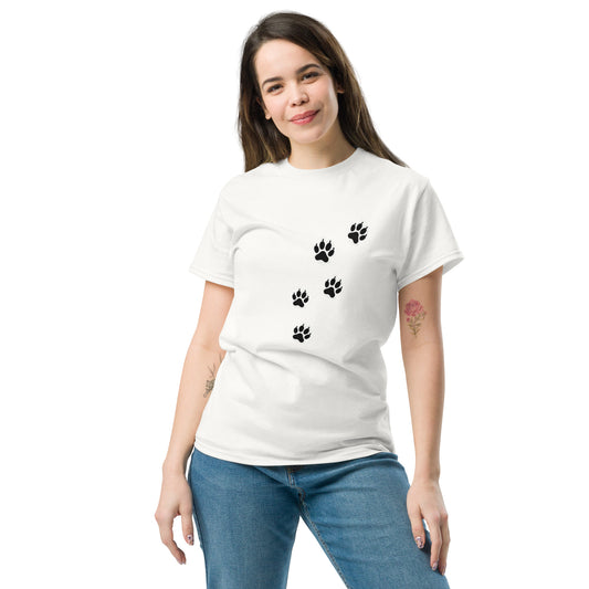 White unisex classic t-shirt with Aylure paw prints  