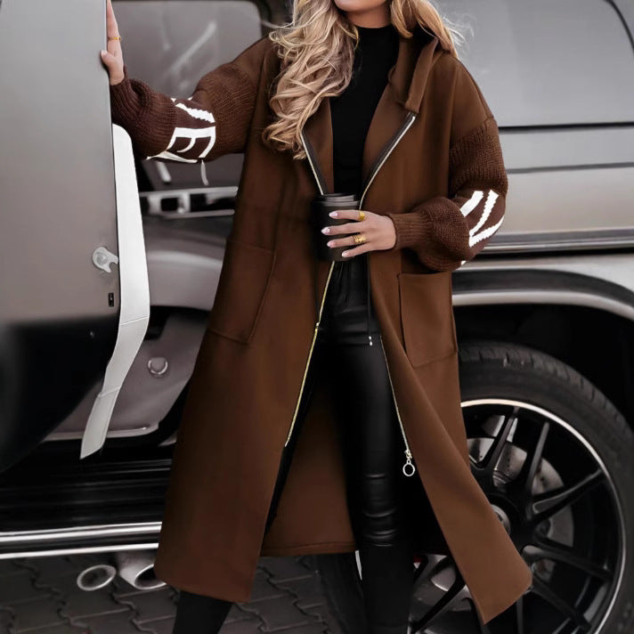 Brown hooded long jacket with LOVE knit sleeves and pockets