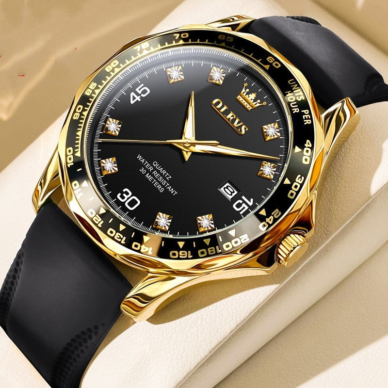 Black dial gold color OLEVS 9988 with black silicone strap – rugged and practical
