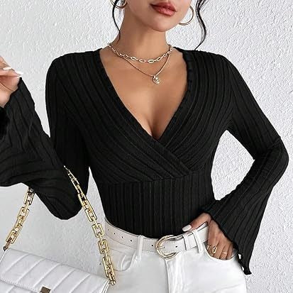 Black ribbed V-neck bell sleeve top on model