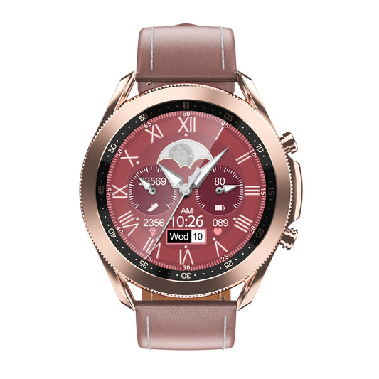 Rose gold smartwatch with pink leather strap and Roman numeral watch face – elegant and feminine design.