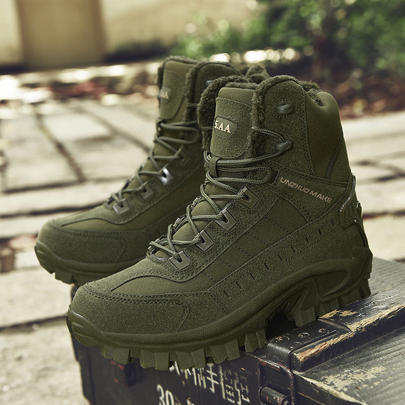 Army green tactical combat boots with fleece lining and rugged sole