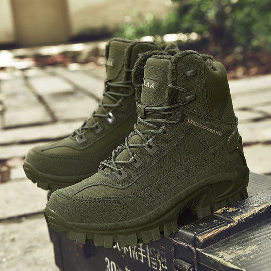 Army green tactical combat boots with fleece lining and rugged sole