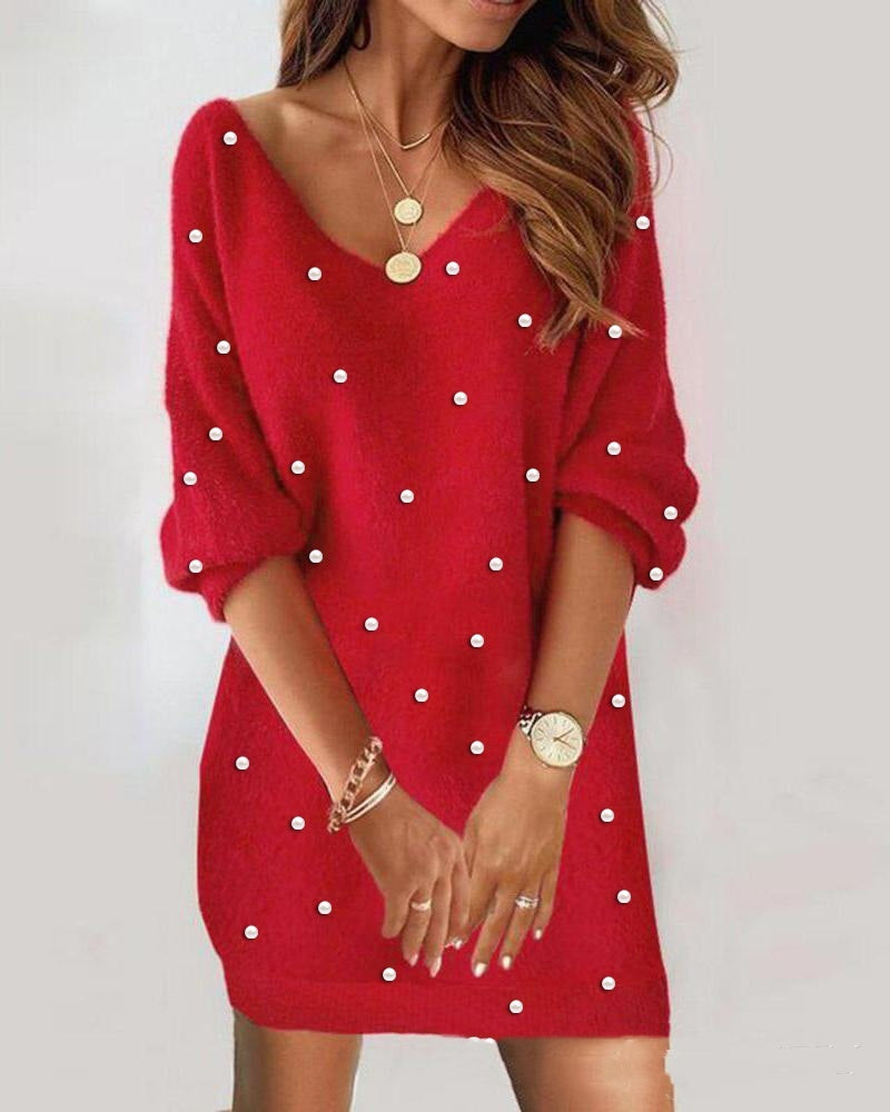 Red V-neck off-shoulder dress with dots,  festive style