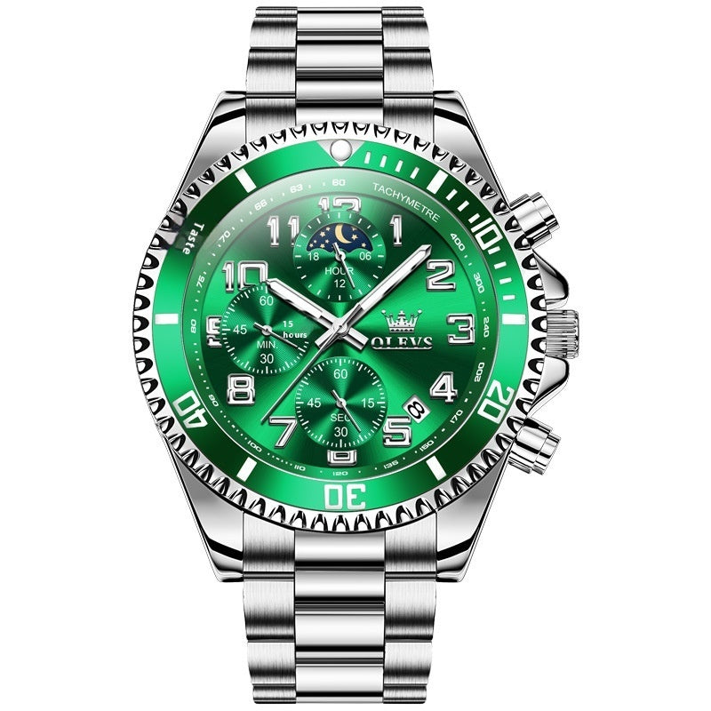 Green and silver OLEVS chronograph watch – front view with stainless steel bracelet