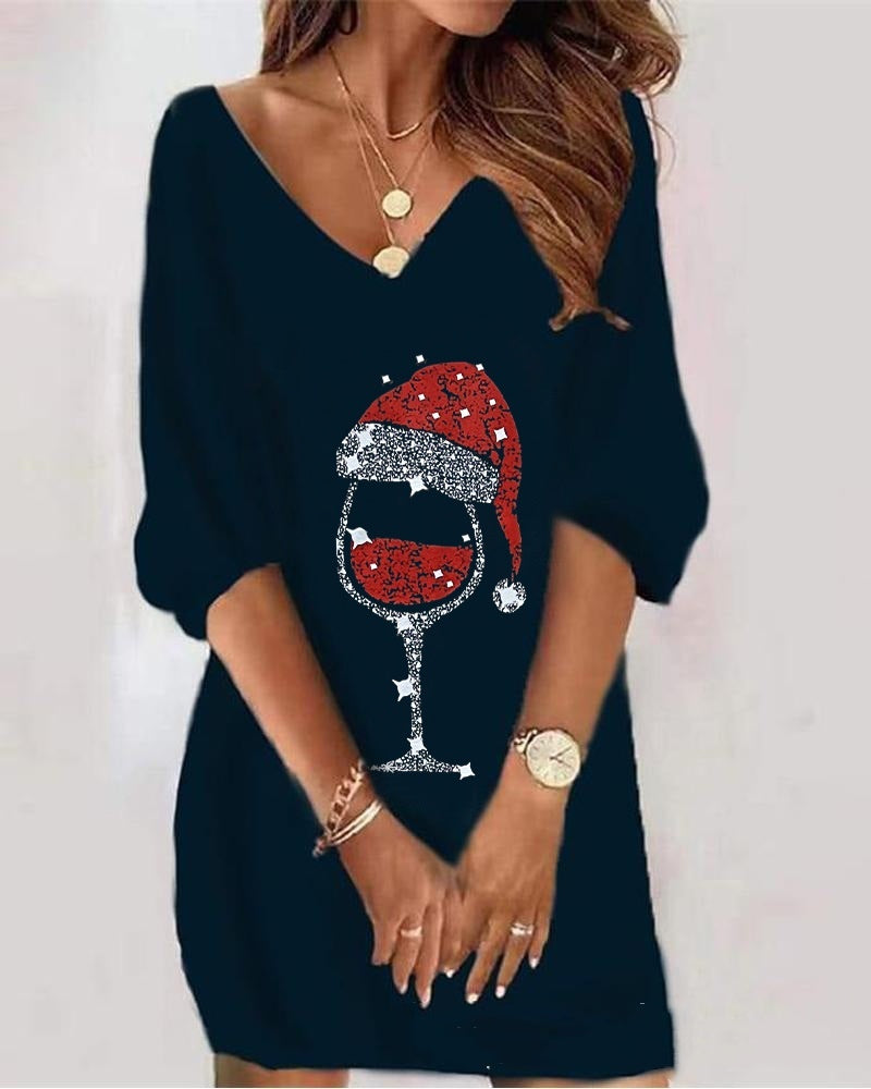 Navy V-neck off-shoulder Christmas dress with wine glass wearing Santa hat