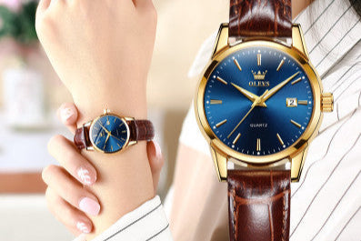 Model wearing women's stylish wristwatch with brown leather bracelet and blue face